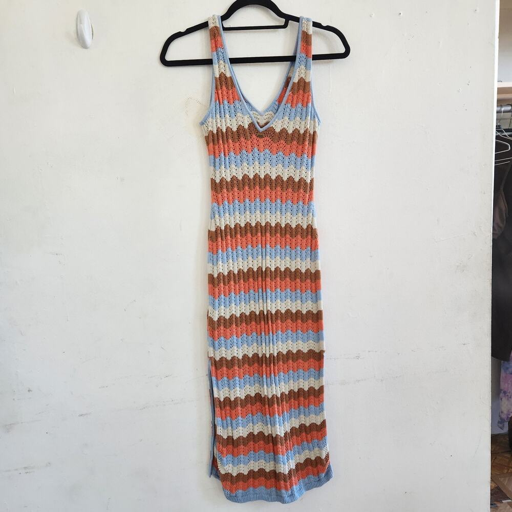 Rip Curl Sz XS Santorini Loose Knit Striped Coral Blue Brown Bodycon Dress Boho - Picture 6 of 10